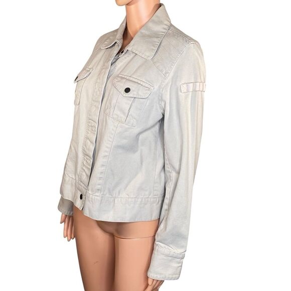 Classic Beige Utility Jacket Snap Button Closure Front Chest Pockets Women SZ M - Picture 2 of 3